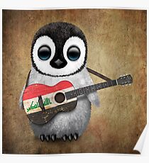 Baby Penguin Playing Iraqi Flag Guitar Poster