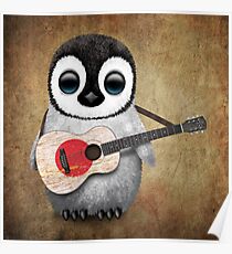Baby Penguin Playing Japanese Flag Guitar Poster
