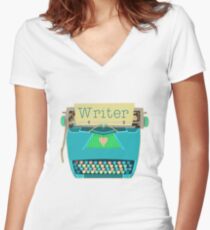 Retro Typewriter for Writers Mid-Century Modern Aqua Blue Women's Fitted V-Neck T-Shirt