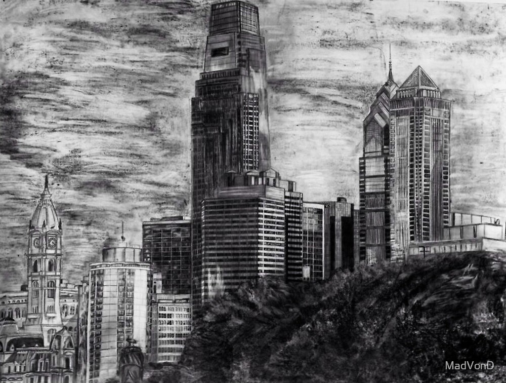 "Drawing of the Philadelphia skyline" by MadVonD Redbubble