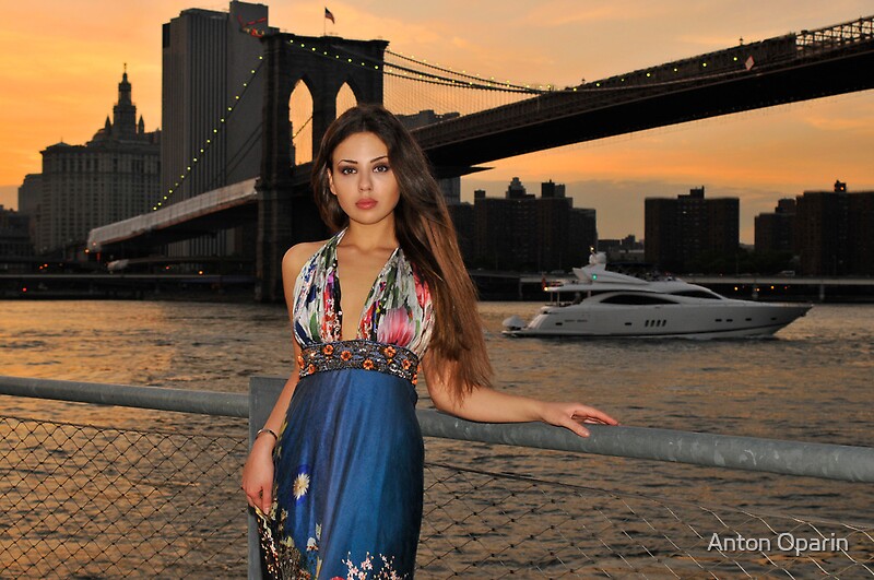 Beautiful Girl Posing At Sunset Time Under Brooklyn Bridge Nyc Posters By Anton Oparin