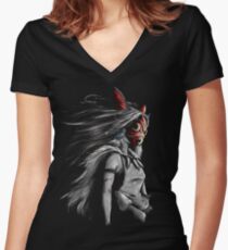 Mononoke Wolf Anime Tra Digital Painting Women's Fitted V-Neck T-Shirt