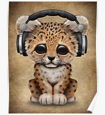 Cute Leopard Cub Dj Wearing Headphones Poster