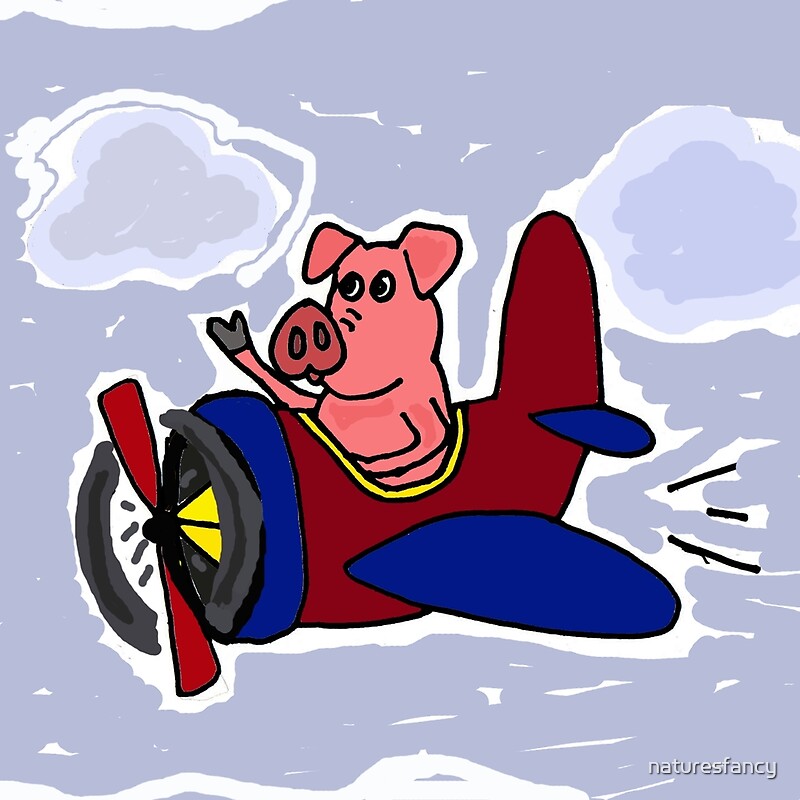 "Funny Pig Flying in Red and Blue Airplane" by naturesfancy Redbubble