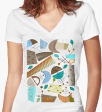 Mid-Century moderne abstrakte Erdtöne Tailliertes T-Shirt mit V-Ausschnitt