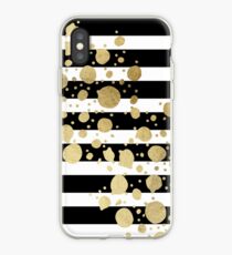 Faux Gold Paint Splatter on Black & White Stripes iPhone Case