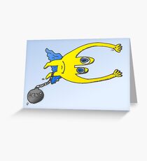 Euroman flies with debt ball and chain Greeting Card