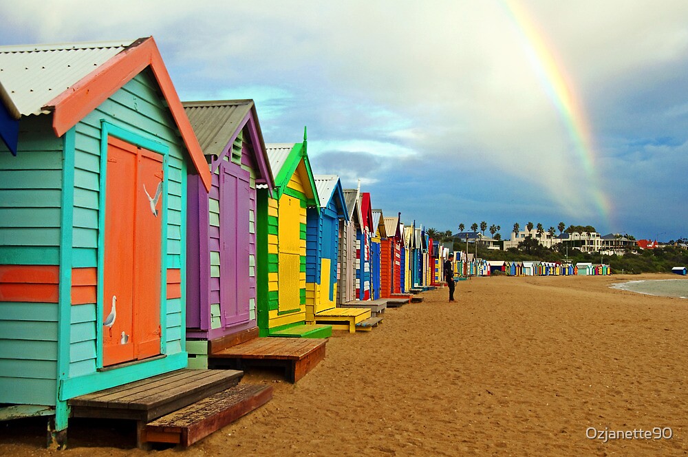 "Brighton Bay Beach Sheds" by Jan Rodgers Redbubble