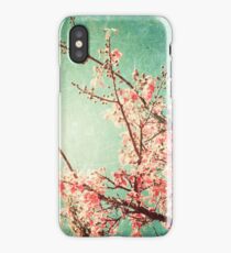 Pink Autumn Leafs on Blue Textured Sky (Vintage Nature Photography) iPhone Case/Skin