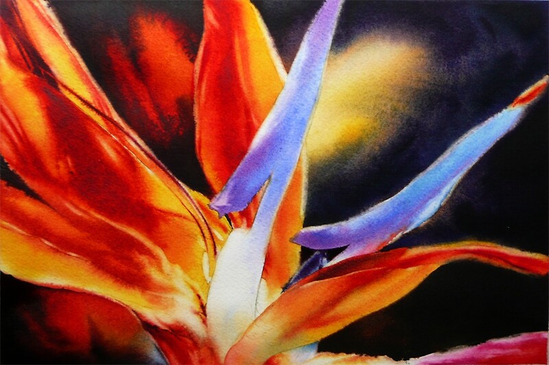 "Petal Light Bird of Paradise Painting in Watercolor" by