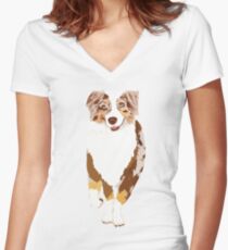 Running Red Merle Australian Shepherd Women's Fitted V-Neck T-Shirt