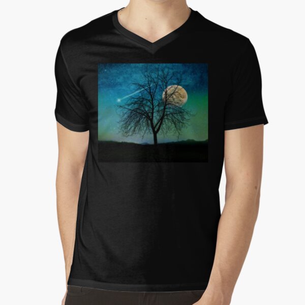 Harvest Moon shooting star blue-green sky Solitude V-Neck T-Shirt