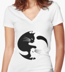 Ying yang cat (white) Women's Fitted V-Neck T-Shirt