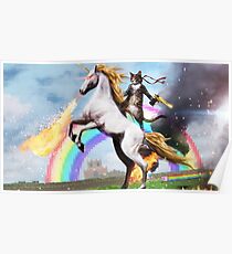 Rambo Cat Riding Fire Unicorn Poster