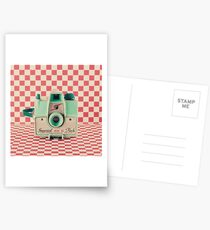 Mint Retro Camera on Red Chequered Background Postcards