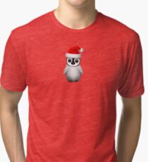 Baby Penguin Wearing a Santa Hat on Blue Tri-blend T-Shirt
