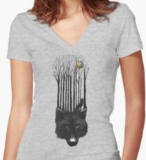 BLACK WOLF BARCODE in the woods illustration Women's Fitted V-Neck T-Shirt
