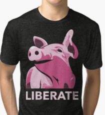 Liberate (Pig, No Background, Electric Pink) Tri-blend T-Shirt