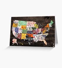License Plate Map of the United States of America - Warm Colors / Black Edition Greeting Card