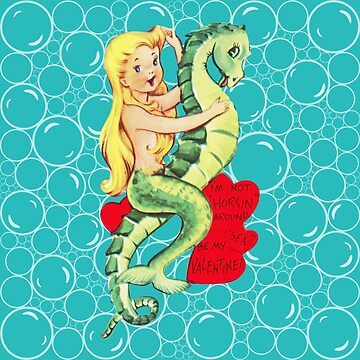 Artwork thumbnail, "Just Keep Swimming" in Teal - Vintage Retro Valentine's Day Card Mermaid Seahorse Siren Love Red Hearts Ocean Sea Water by CanisPicta