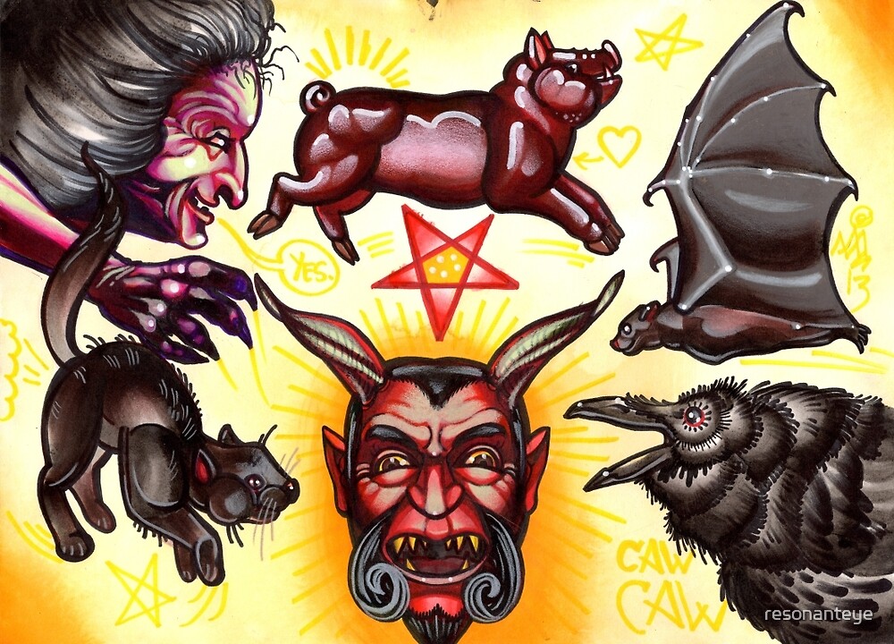 devil tattoo flash, evil witch, bat, black cat by resonanteye
