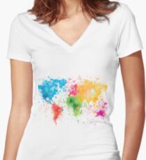 world map painting Women's Fitted V-Neck T-Shirt