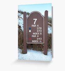 seventh tee sign on a snow covered links golf course Greeting Card