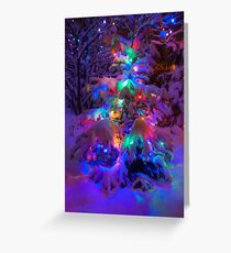 Colored lights on a snowy pine tree Greeting Card