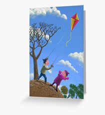 kids flying kite on windy day Greeting Card