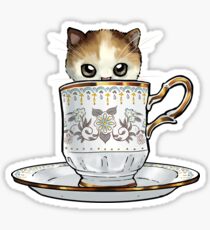 Kitten in a Tea Cup, original colors Calico Kitten floral vines Sticker