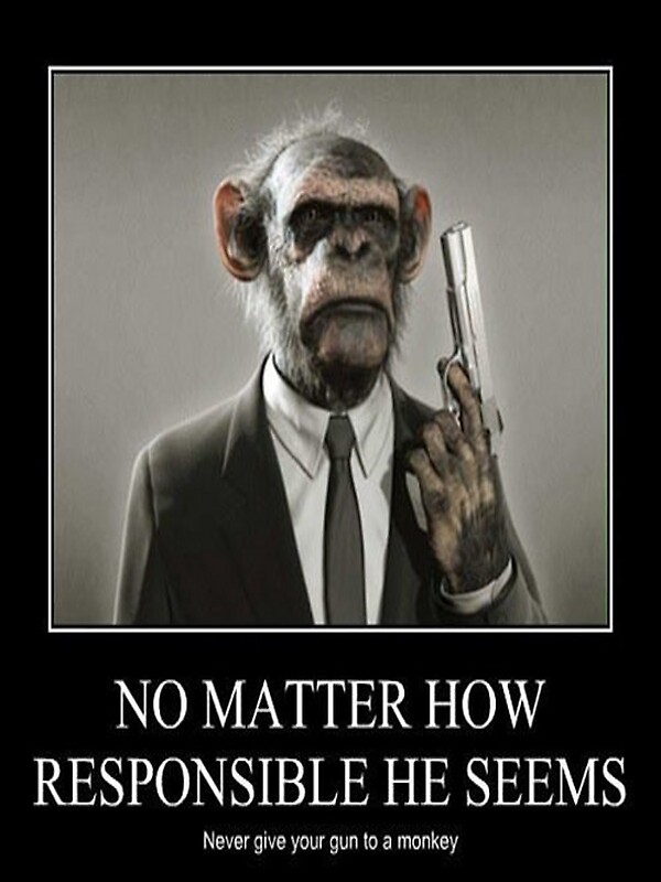 Monkey With A Gun Meme 3 "Never give a monkey a gun, no matter how responcible he looks