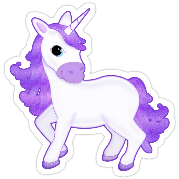 cute purple cartoon unicorn on glitter background