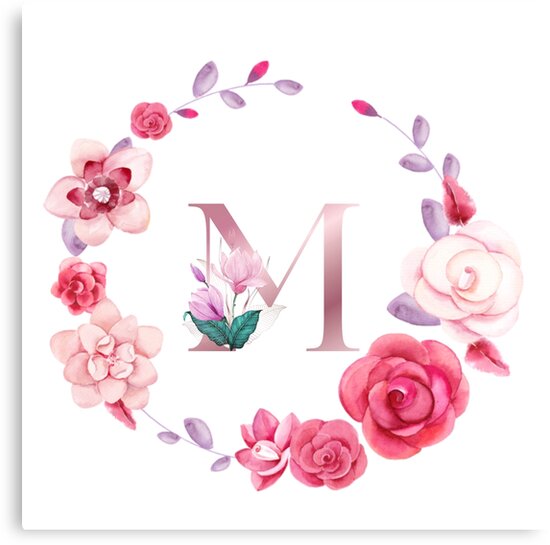 " Floral and pink Initial Monogram m,rose gold lettre m with pink rose flower watercoler