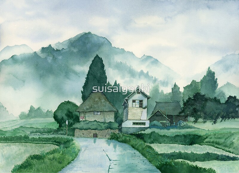 "Japanese Village , After Rain , Art Watercolor Painting print by