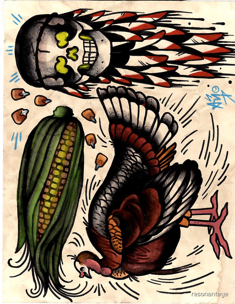"turkey and skull with corn, tattoo flash print, thanksgiving" by