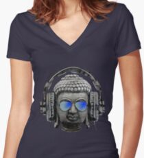 Cool Headphones Hip Hop Groove Buddha Banksy Women's Fitted V-Neck T-Shirt