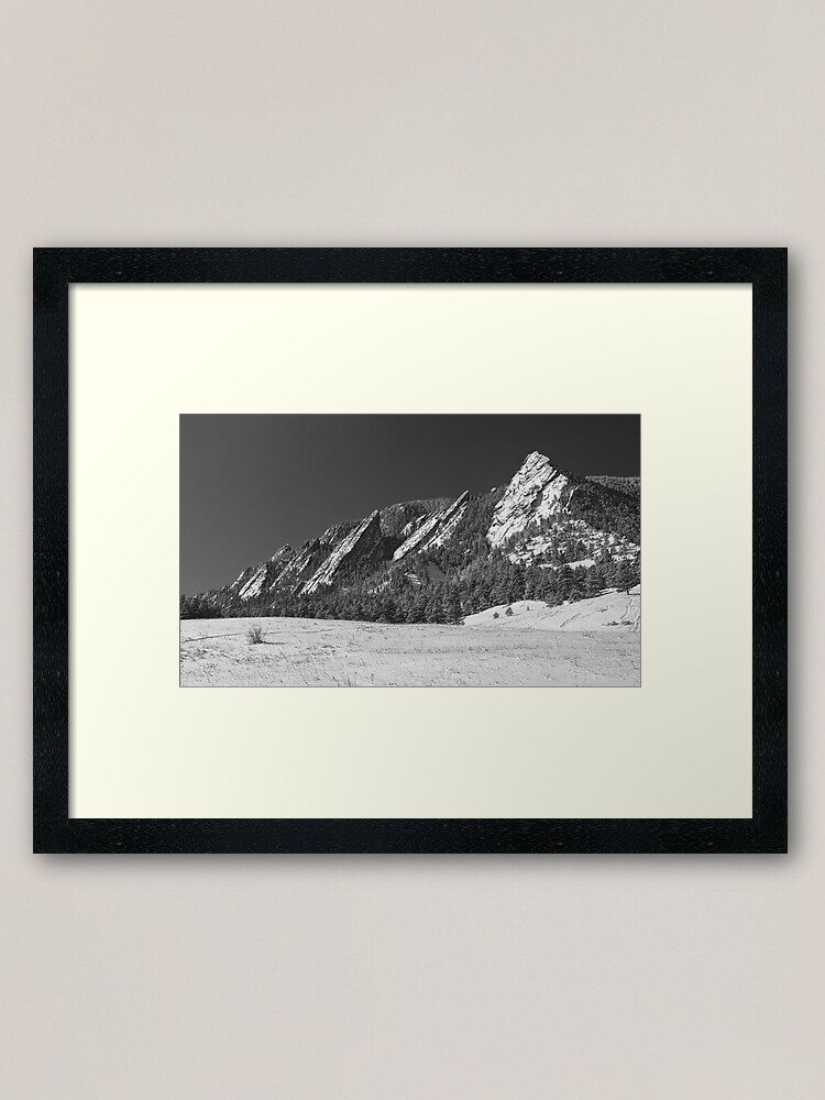 Alternate view of Snow Dusted Flatirons Boulder CO Panorama BW Framed Art Print