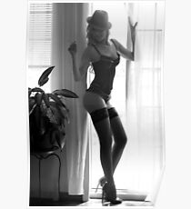 Elegant lady in ingerie wearing hat and holding a sigarette Poster