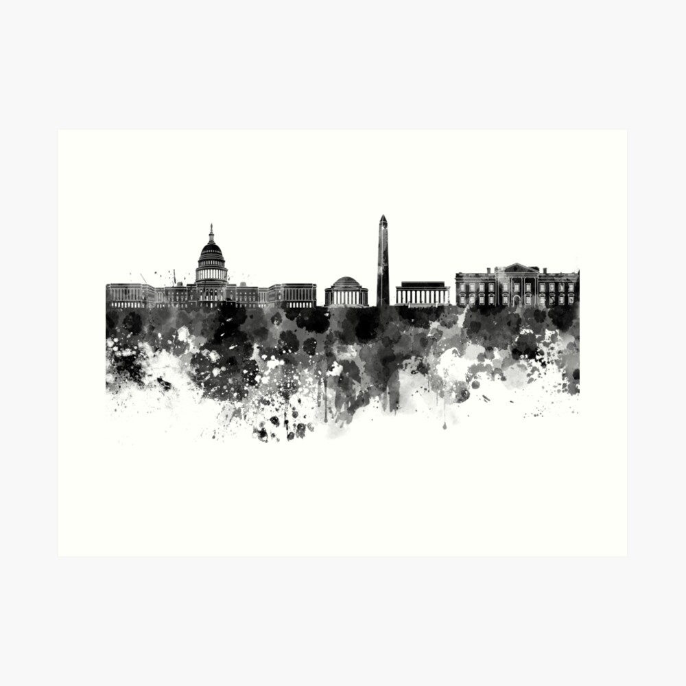 “Washington DC skyline in black watercolor on white background " Art