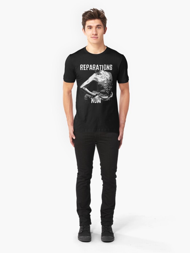 Alternate view of REPARATIONS NOW BATTERED SLAVE BACK SHIRT. (DARK) Slim Fit T-Shirt