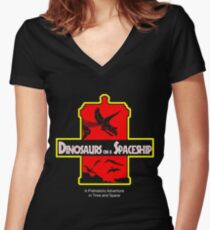 Dinosaurs on a Spaceship Women's Fitted V-Neck T-Shirt