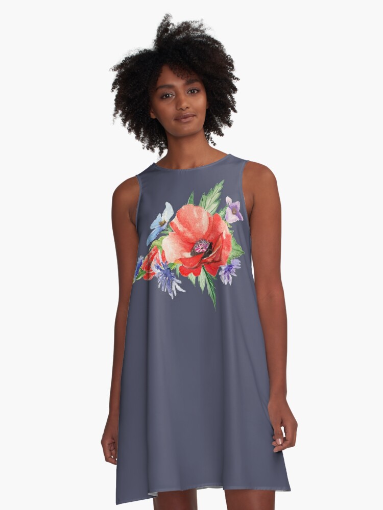 blue dress with red poppies