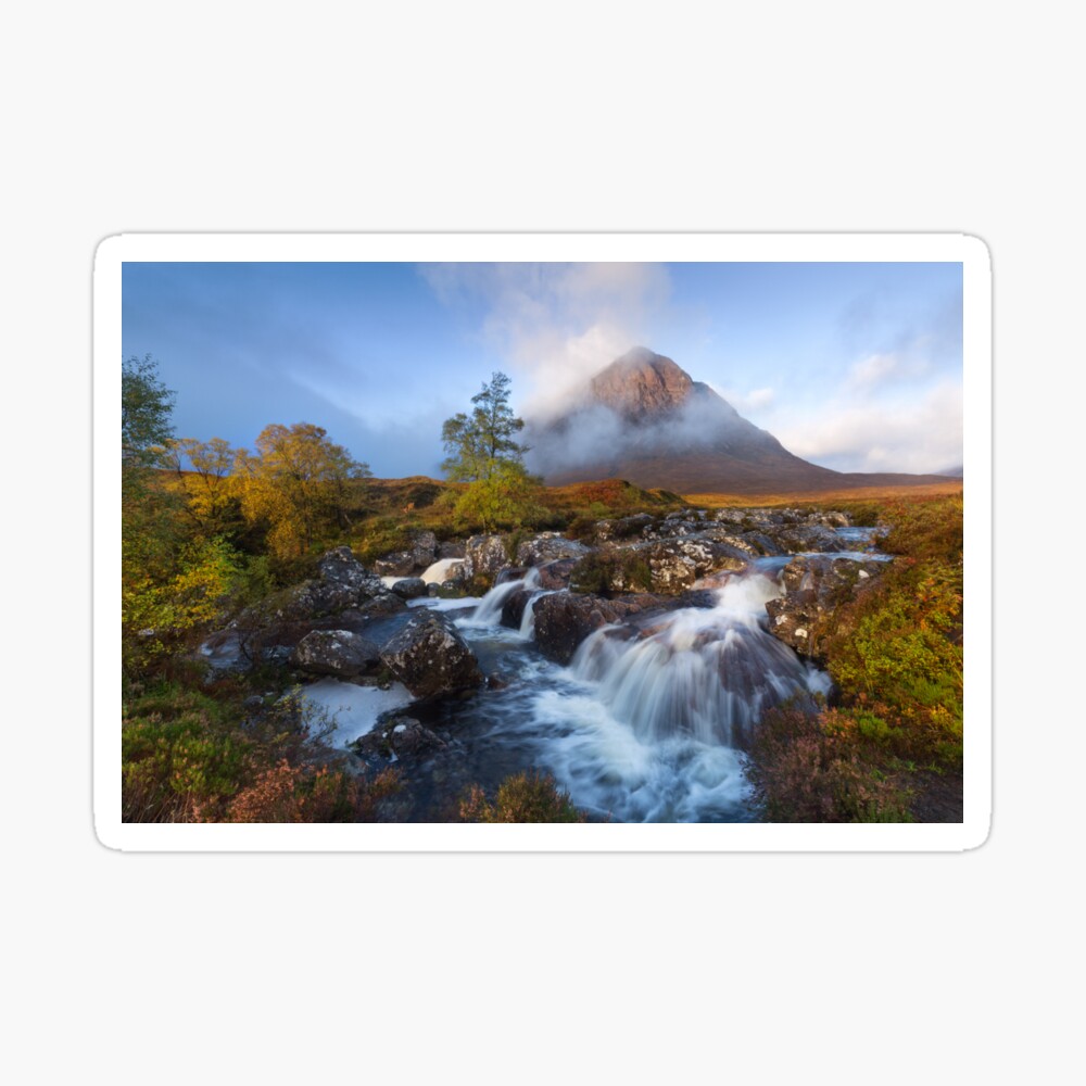 Glen Coe. Buachaille Etive Mòr. Misty morning in Autumn. River Coupall Waterfalls. Highland Scotland. Sticker