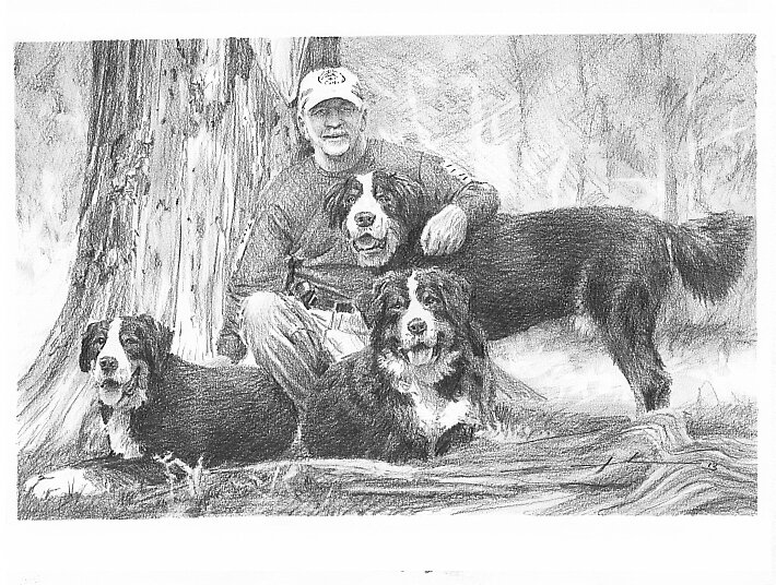 "Dogs and owner in woods drawing" by Mike Theuer Redbubble