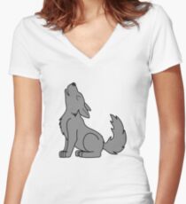 Solid Gray Howling Wolf Pup Women's Fitted V-Neck T-Shirt