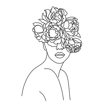 Woman with Flowers Line Art Drawing. Female Figure Minimalist