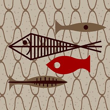 Artwork thumbnail, Mid Century Modern Fish Beige Brown Tan Red Fishnet Net by CanisPicta