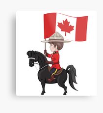Mountie on horse with flag of Canada in hand Metal Print