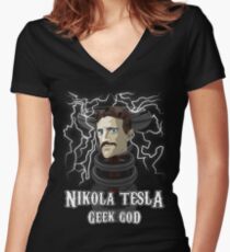Nikola Tesla: Geek God Women's Fitted V-Neck T-Shirt
