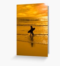 silhouette of surfing couple walking from the sea Greeting Card